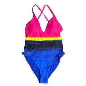 NEW POLO RALPH LAUREN Dip-Dye Plunge X-Back Mio One Piece Swimsuit‎ Sz L